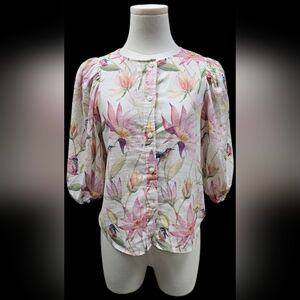 H&M Floral Linen Puff Sleeve Top